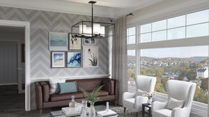 A rendering of a living room with a view of a city featuring the unique Urban Ambiance UHP3122 Minimalist Chandelier, 12.875