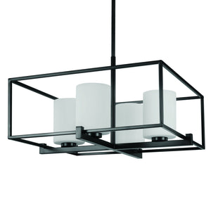 An Urban Ambiance gorgeous lighting fixture, the UHP3122 Minimalist Chandelier from the Kennewick Collection, showcases a midnight black finish with a sleek black frame and elegant white shades.