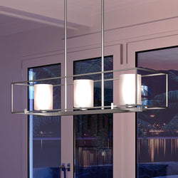 A beautiful Urban Ambiance UHP3130 Minimalist Chandelier, 8.75"H x 40"W, Brushed Nickel Finish from the Kennewick Collection in a living room