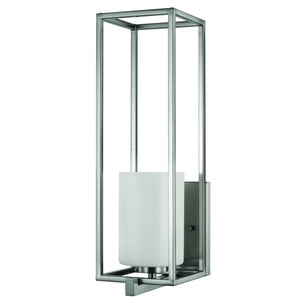 A beautiful lighting fixture, UHP3140 Minimalist Wall Light from the Kennewick Collection by Urban Ambiance, with a unique white glass shade and brushed nickel finish.
