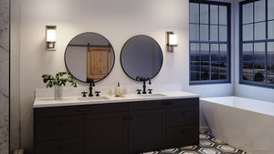 A bathroom with a unique lighting fixture, including two UHP3160 Contemporary Wall Lights from the Evanston Collection by Urban Ambiance, and a tub.