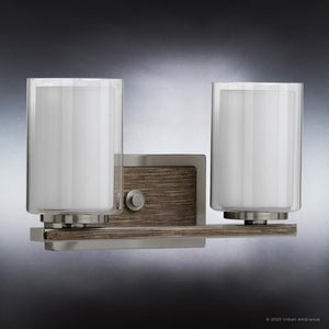 An Urban Ambiance luxury lighting fixture with two glass shades, the UHP3170 Contemporary Bath Vanity Light from the Evanston Collection, measuring 7.625
