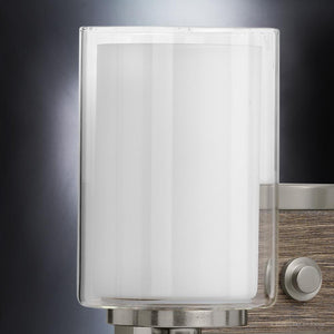 An Urban Ambiance bathroom light with a white glass shade, a unique lighting fixture from the Evanston Collection.