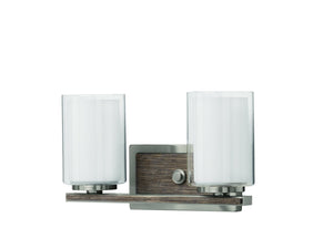 A beautiful lighting fixture from the Urban Ambiance Evanston Collection, featuring a Brushed Nickel Finish and two glass vases.