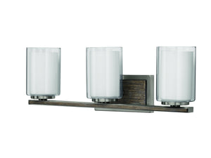 Three UHP3180 Contemporary Bath Vanity Light fixtures with white glass jars, from the Evanston Collection by Urban Ambiance, create a beautiful and luxurious atmosphere.