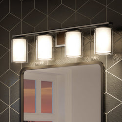 A bathroom with a mirror and Urban Ambiance's UHP3190 Contemporary Bath Vanity Light, Evanston Collection fixtures.