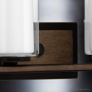 An Urban Ambiance lighting fixture with two unique glass vases and a wooden frame.