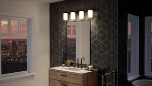 An Urban Ambiance bathroom with a unique view of a city featuring the UHP3191 Contemporary Bath Vanity Light, measuring 7.75