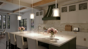 An image of a kitchen with white cabinets and green counter tops featuring the Urban Ambiance UHP3200 Contemporary Pendant Light, 14