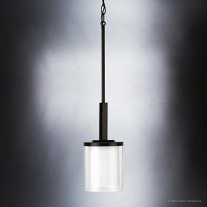A unique UHP3201 Contemporary Pendant Light with a clear glass shade and Olde Bronze Finish, from the Evanston Collection by Urban Ambiance.