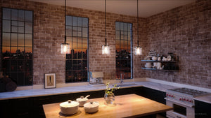 Unique lamp and lighting fixture, the UHP3201 Contemporary Pendant Light from the Evanston Collection by Urban Ambiance brand, featured in a 3D rendering of a kitchen.