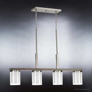 A contemporary chandelier from the Evanston Collection with a brushed nickel finish and frosted glass shades, offering a unique and gorgeous urban ambiance.