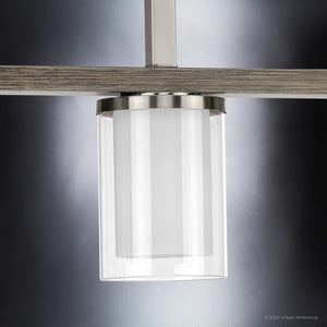 A beautiful lighting fixture from the Evanston Collection with a glass shade and metal frame.
