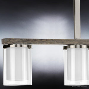 An UHP3220 Contemporary Chandelier with a unique metal frame and two glass shades.