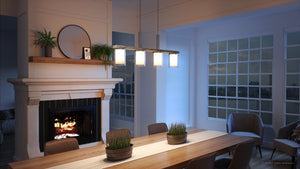 An image of a unique lighting fixture, UHP3220 Contemporary Chandelier, in a dining room with a fireplace.