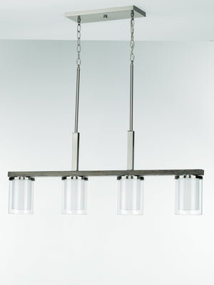 A beautiful UHP3220 Contemporary Chandelier from the Evanston Collection by Urban Ambiance, featuring four glass shades hanging from the ceiling.