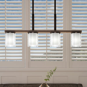 A unique UHP3221 Contemporary Chandelier, with an Olde Bronze Finish from the Evanston Collection by Urban Ambiance, installed in a dining room with shutters.