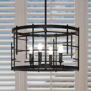 A gorgeous Urban Ambiance UHP3232 Electric Chandelier, 11.625"H x 18"W, Midnight Black Finish, Springdale Collection luxury lighting fixture hanging over a window.