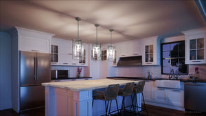 A 3d rendering of a luxury kitchen with a center island featuring the Urban Ambiance UHP3250 Minimalist Pendant Light, 13.125