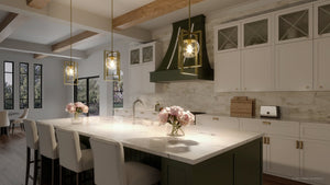 A beautiful kitchen with white cabinets and green accents, featuring the Urban Ambiance UHP3252 Minimalist Pendant Light from the Canton Collection.