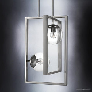 An elegant UHP3260 Minimalist Pendant Light with a Brushed Nickel Finish, featuring two beautiful glass balls hanging from it.