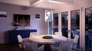 A dining room with a unique Urban Ambiance UHP3260 Minimalist Pendant Light, Brushed Nickel Finish, Canton Collection table and chairs.