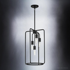 An Urban Ambiance pendant light with three unique lighting fixtures hanging from it.