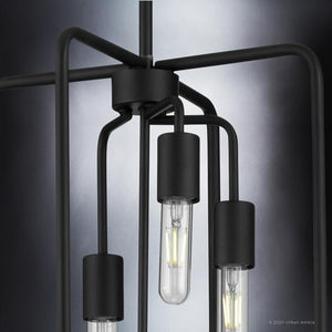 Luxury pendant lamps hanging from a black metal frame.