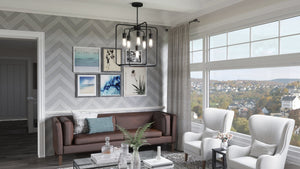 A rendering of a luxurious living room with a beautiful view of the city featuring the Urban Ambiance UHP3291 Urban Loft Pendant Light, 23.125