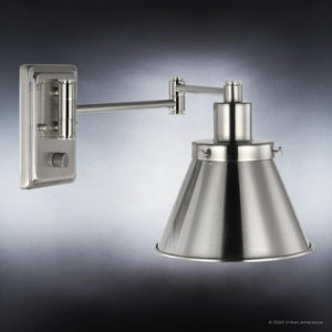 A unique swing arm lamp with a brushed nickel finish.