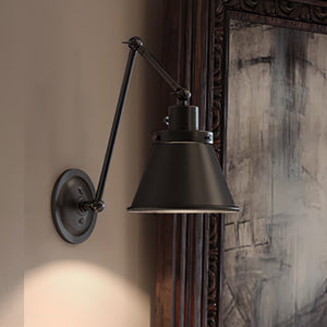 An Urban Ambiance UHP3321 Traditional Wall Light, 14.375"H x 8.25"W, Midnight Black Finish from the Pawtucket Collection with a unique painting on it.