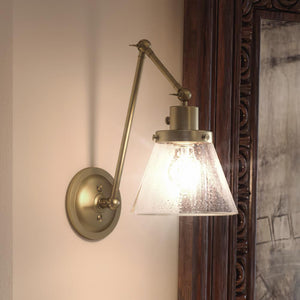 A gorgeous UHP3332 Traditional Wall Light with a unique glass shade, 14.375"H x 8"W, Olde Brass Finish, from the Pawtucket Collection by Urban