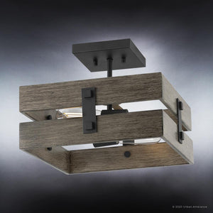 A unique lighting fixture UHP3351 Modern Farmhouse Ceiling Light with a wooden crate in the middle.