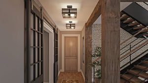 An image of a beautiful hallway with stairs and a unique UHP3351 Modern Farmhouse Ceiling Light, Midnight Black Finish.