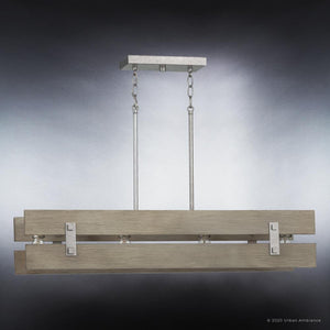 A unique lighting fixture, the UHP3360 Modern Farmhouse Chandelier from the Southfield Collection by Urban Ambiance showcases a wooden beam and a galvanized steel finish.