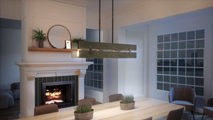 A gorgeous lighting fixture, the UHP3361 Modern Farmhouse Chandelier in Midnight Black Finish, adds a touch of elegance to a dining room with a fireplace.