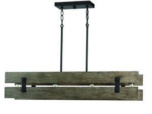 A UHP3361 Modern Farmhouse Chandelier with wooden beams hanging from the ceiling, adding a touch of luxury.