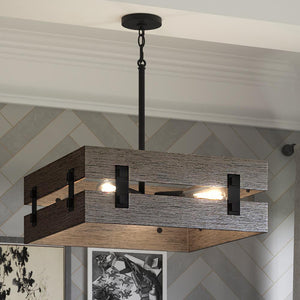 A beautiful UHP3371 Modern Farmhouse Pendant Light, 7"H x 18"W, Midnight Black Finish, Southfield Collection by Urban Ambiance with luxury wooden crates hanging from it.