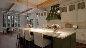 A kitchen with beautiful white cabinets and green counter tops featuring the unique UHP3381 Provincial Pendant Light from the Layton Collection by Urban Ambiance.