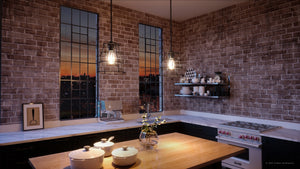 A unique and gorgeous 3D rendering of a kitchen featuring the Urban Ambiance UHP3421 Urban Loft Pendant Light.