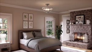 A beautifully lit bedroom with a UHP3440 French Country Ceiling Light from the Adelaide Collection by Urban Ambiance and a luxurious bed.