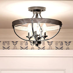 An Urban Ambiance UHP3441 French Country Ceiling Light, 12.625"H x 15.25"W, Charcoal Finish from the Adelaide Collection in a hallway with a floral pattern providing