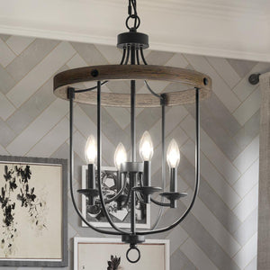 A gorgeous UHP3560 French Country Chandelier, 26.25"H x 17.125"W, Charcoal Finish, Adelaide Collection by Urban Ambiance hanging over a dining room table.