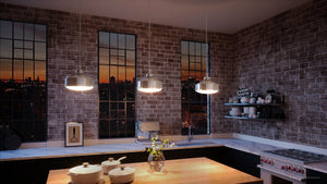 An Urban Ambiance kitchen with a unique view of the city featuring the UHP3570 Urban Loft Pendant Light, 13.375