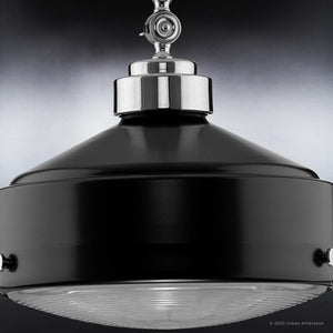 A unique Urban Ambiance pendant light with a Midnight Black Finish from the Dothan Collection, creating a gorgeous lighting fixture.