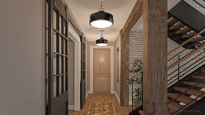 A 3D rendering of a hallway with stairs and a rug featuring the beautiful UHP3571 Urban Loft Pendant Light, 13.375