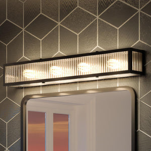 A beautiful bathroom with a unique UHP3601 Minimalist Bath Vanity Light and a mirror.