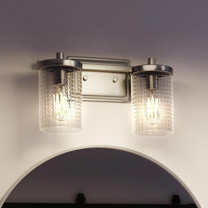 A unique UHP3630 Traditional Bath Vanity Light, 7.75"H x 13.125"W, Brushed Nickel Finish from the Bismarck Collection with two lights hanging