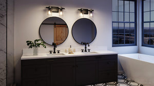 A bathroom with two UHP3631 Traditional Bath Vanity Lights, Midnight Black Finish, Bismarck Collection by Urban Ambiance, creating a luxurious ambiance.