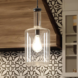 A unique and beautiful UHP3701 Industrial Chic Pendant Light, 17"H x 7"W, Midnight Black Finish, Eagan Collection hanging from a ceiling in a kitchen.